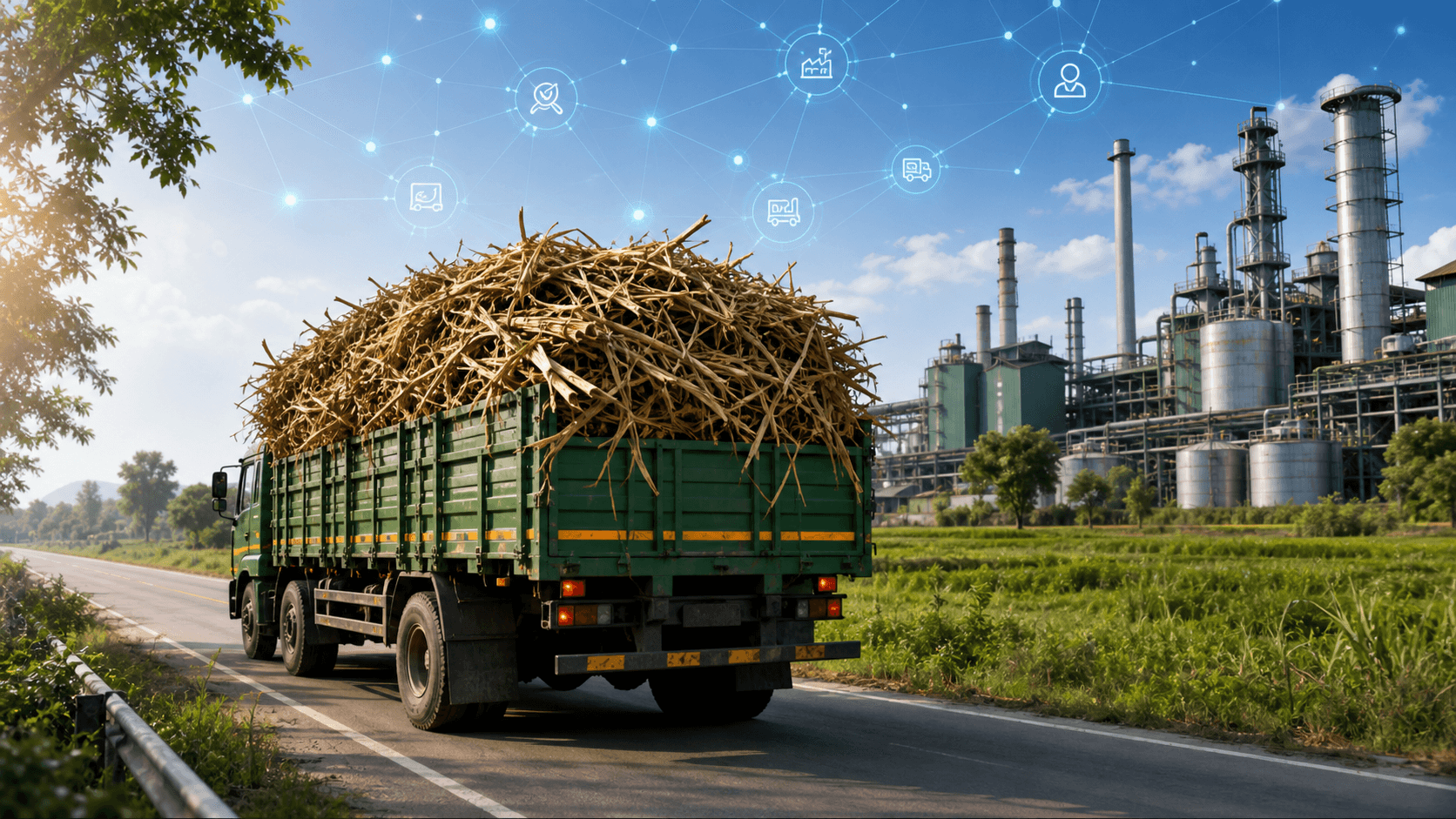 Green truck carrying crop residue toward an industrial biomass plant with digital supply chain overlays