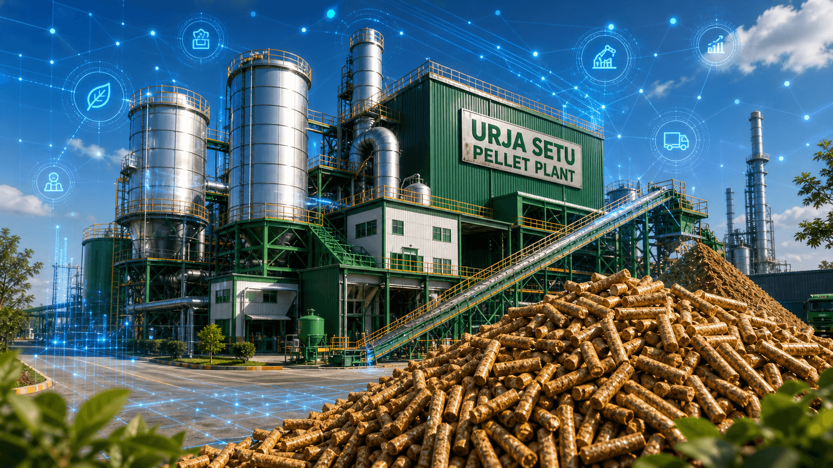 Premium biomass pellet plant with steel silos and pellet stock